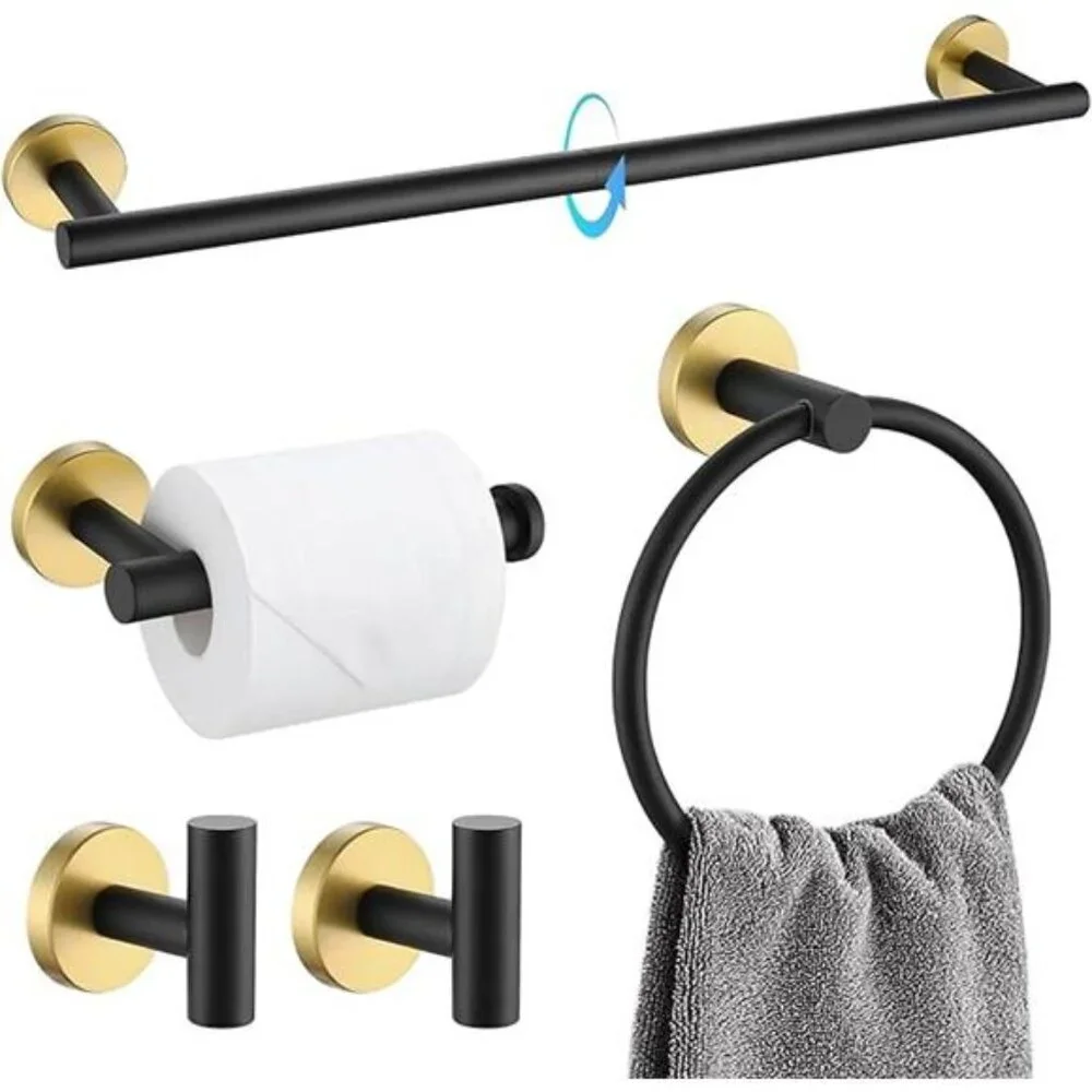 Black Gold Bathroom Accessory Set 5 Pieces Towel Bar Toilet Paper Holder Hooks